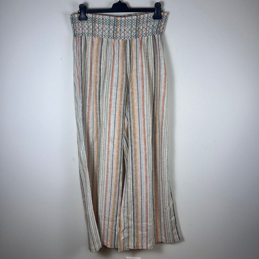 Rocks and Indigo Linen Blend Striped Wide Leg Pants Womens XL Smocked Waist